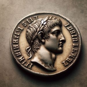 An ancient Roman coin featuring Augustus’s profile, symbolizing his rise to power and his official status as the ruler of Rome.