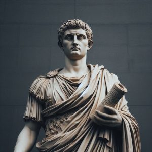 A statue of Augustus in a dignified pose, wearing a toga and holding a scroll, representing his role as the first Roman emperor.