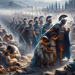 A scene of Roman soldiers marching into battle, with grieving families in the background, symbolizing the human cost of Rome's expansion.