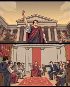 A dual-frame illustration: one showing a triumphant Augustus in front of the Senate, and the other depicting backroom dealings and conflicts