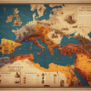 A map of ancient Rome showing the transition from the Republic to the Empire, highlighting key territories gained during this time.