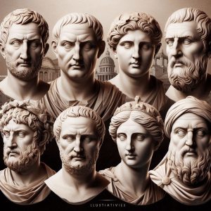 A collage of busts or statues of these key figures symbolised their contribution to the rise of the Roman Empire.