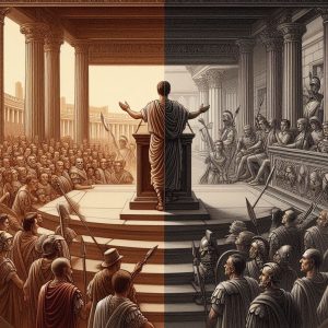 A dual-frame illustration contrasting Augustus addressing the public with the Senate while behind closed doors, military generals plotted their power. Transition of Roman