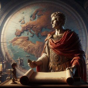 Augustus standing before a map of the Roman Empire, holding a scroll, symbolizing the power he held over Rome's fate.