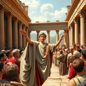 A depiction of young Julius Caesar addressing a crowd in a Roman forum, symbolizing his early political influence.