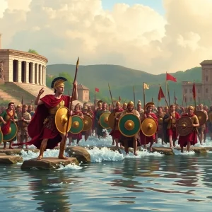 Image Idea 2: Julius Caesar and his army crossing the Rubicon River, symbolizing the pivotal moment that led to the end of the Roman Republic.